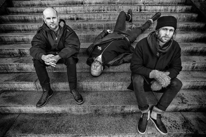 Portrait of Johan Berthling (bass guitar) ~ Mats Gustafsson (sax) ~ Andreas Werlin (drums) Photo by Johan Bergmark